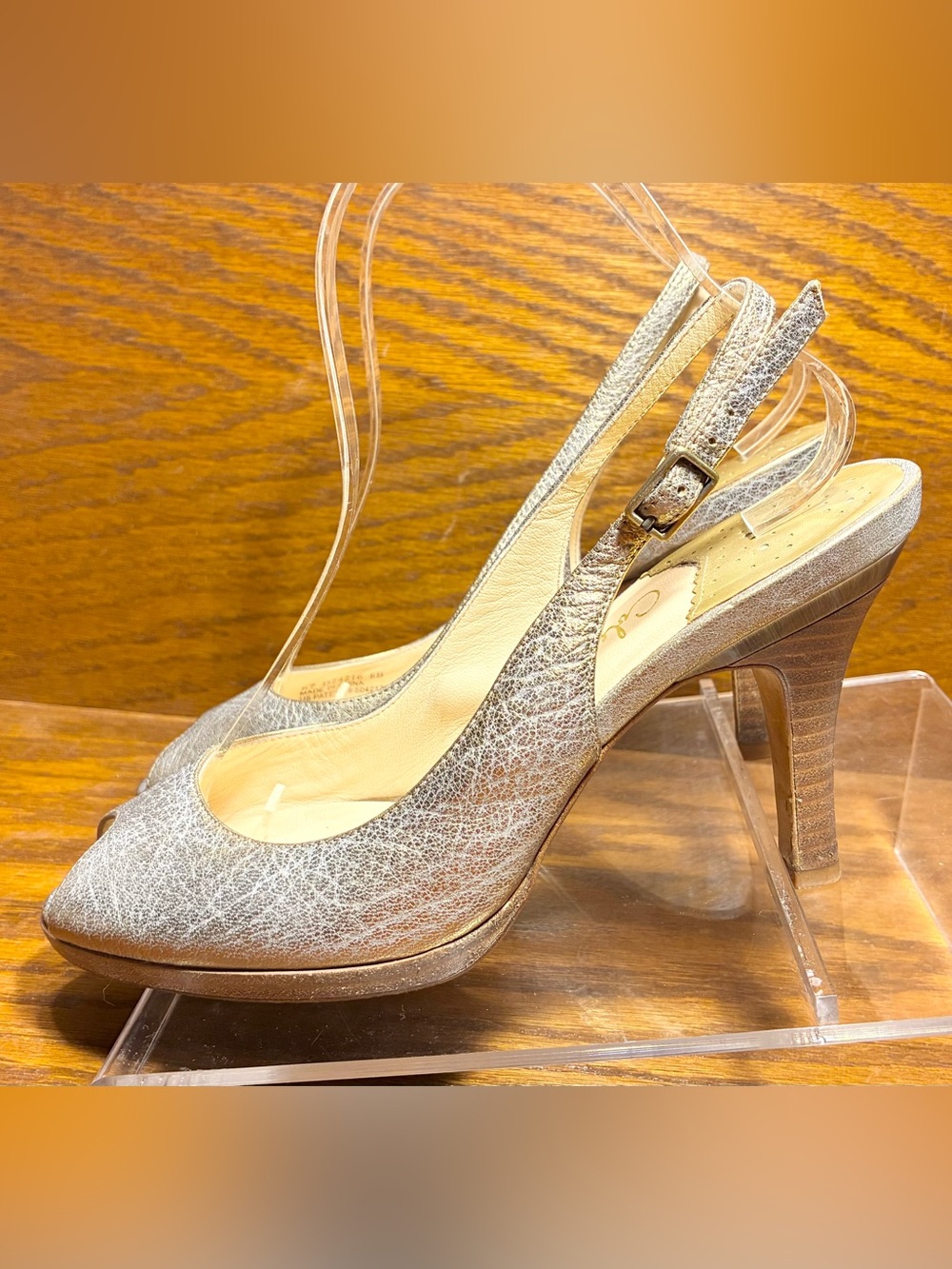 Y2K VTG Cole Haan Nike Air Gold Silver Crackled Leather Peep Toe Slingback Heels - Picture 6 of 14